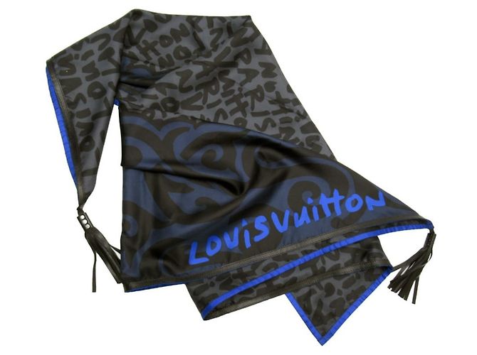 Cachecol Louis Vuitton Graffiti Preto x Azul % Seda Couro