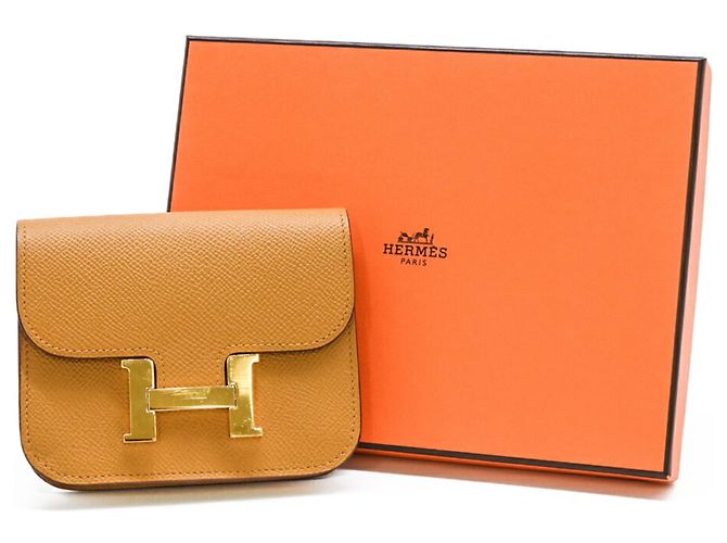 Constance Hermès HERMES Carteira Compacta em Couro Epsom Dourada #B Marrom