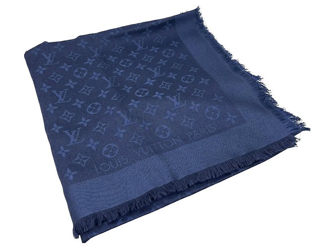 LOUIS VUITTON Sciarpa/Stola Blu Notte Monogramma Sete Lana Blu Navy per Uomini e Donne