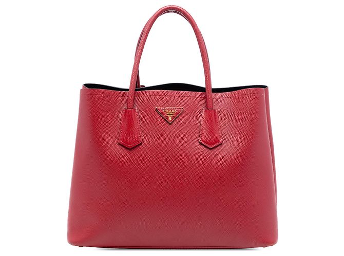 Prada Rotes Mittleres Saffiano Leder Doppeltes Handtasche