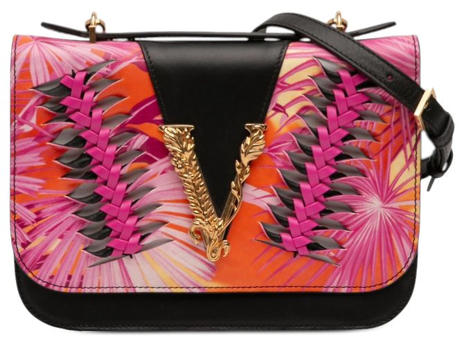 Bolsa Virtus em couro de bezerro preto com trama de selva da Versace