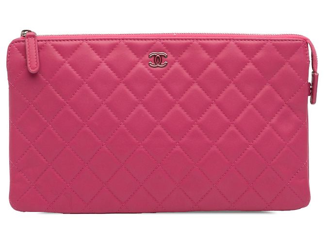 Clutch Doble Cierre de Caviar Acolchado Rosa CC Esmalte de Chanel