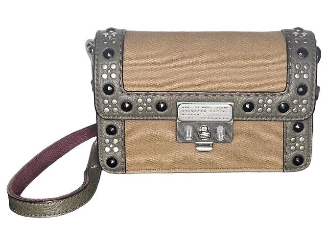 Marc by Marc Jacobs studded canvas and leather shoulder bag Brown Beige