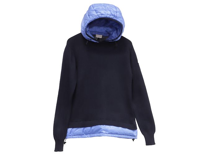 Suéter com capuz acolchoado Moncler em lã e poliamida azul marinho