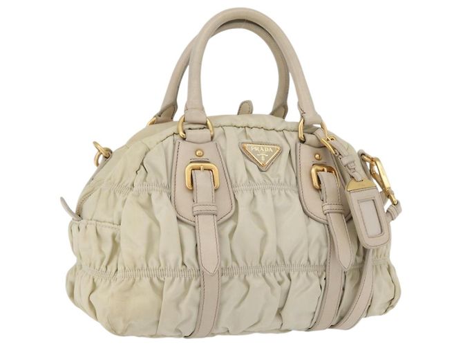 PRADA Gathered Hand Bag Nylon 2way Ivory Gold Auth 173201 Golden Cream