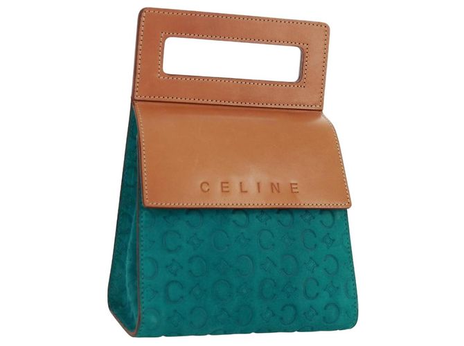 Céline CELINE C Macadam Canvas Hand Bag Suede Turquoise Blue Silver Auth 170908V