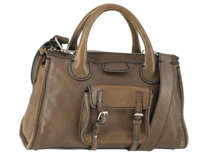 Chloé Chloe Edith Hand Bag Leather 2way Brown Silver Auth hk3383 Silvery