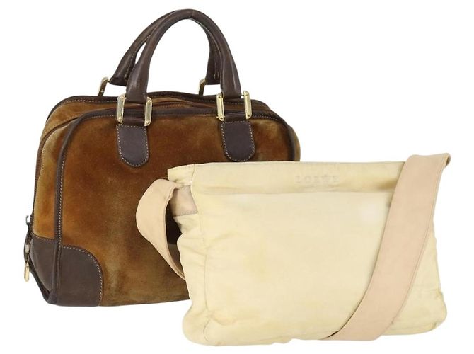 LOEWE Handtasche Leder Nylon 2 Set Braun Weiß Auth bs33357