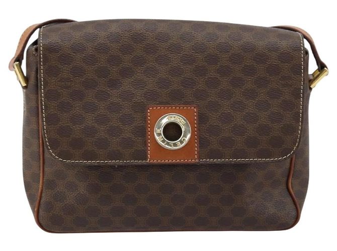 Céline Celine Vintage Macadam Circle Logo Canvas and Leather Marron