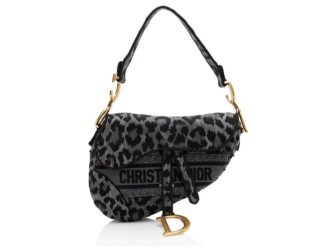 Dior Leopard Canvas Medium Saddle Bag Black