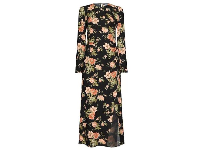 Reformation Celeste Blumendruck Crepe Langarmkleid Schwarz Pink