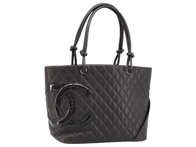 CHANEL Bolsa Tote Matelassé Linha Cambon Couro Marrom Prata CC Auth 170655