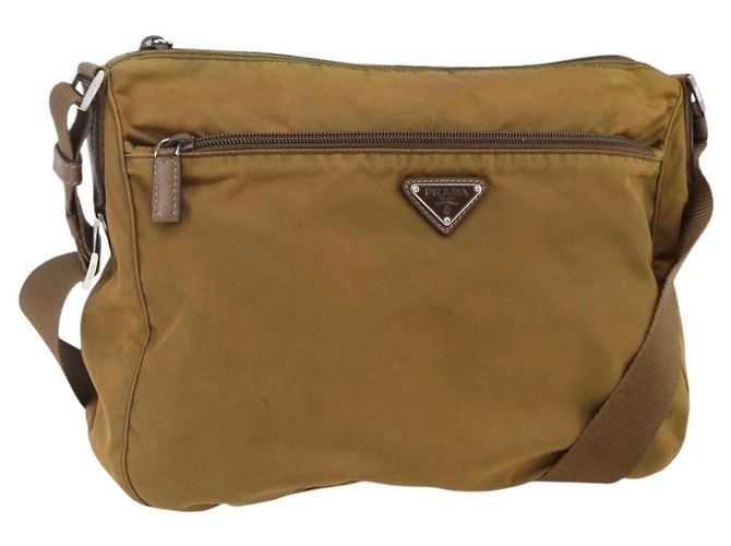 PRADA Shoulder Bag Nylon Beige Silver Auth 173279 Silvery