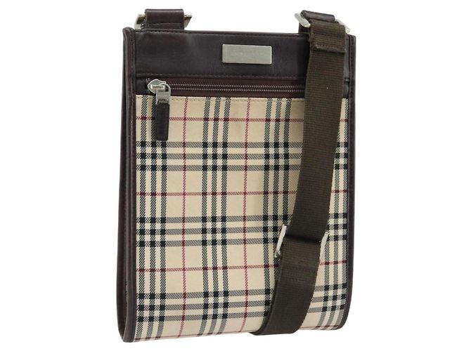 Burberry Nova Check Schultertasche Canvas Beige Silber Auth ep13530