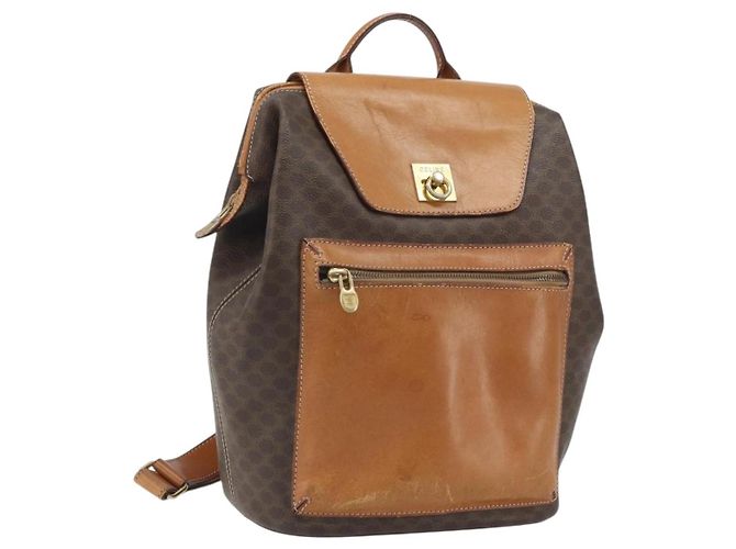 Céline CELINE Macadam Canvas Backpack PVC Leather Brown Gold Auth 169840 Golden