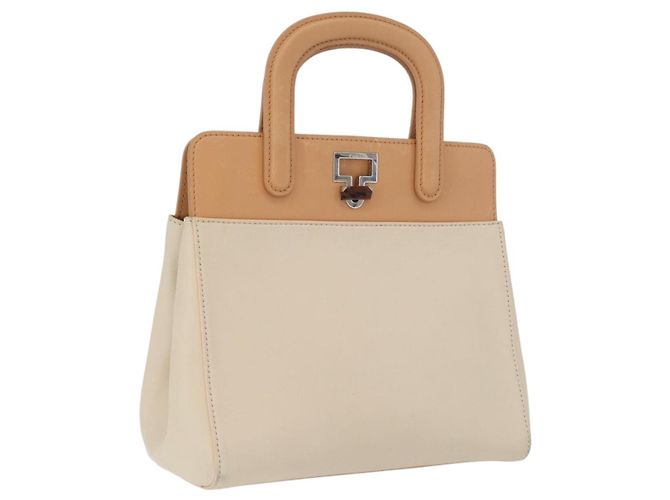 CARTIER Borsa a Mano Pelle Beige Argento Auth bs33554