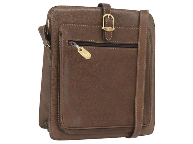 Gucci Bolsa de Ombro de Couro Marrom Dourado Auth 170114