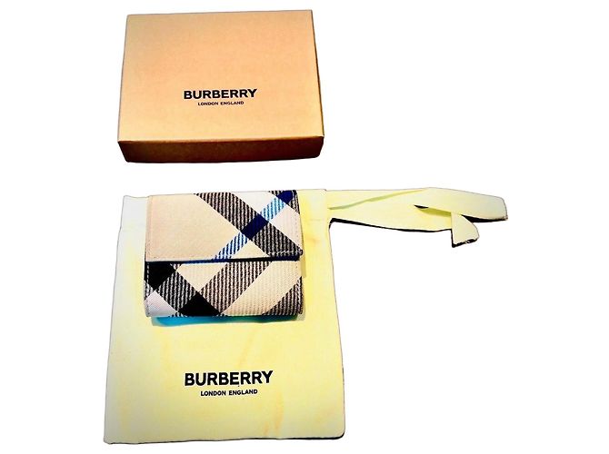 Compact leather and fabric wallet with Burberry check Black Blue Beige