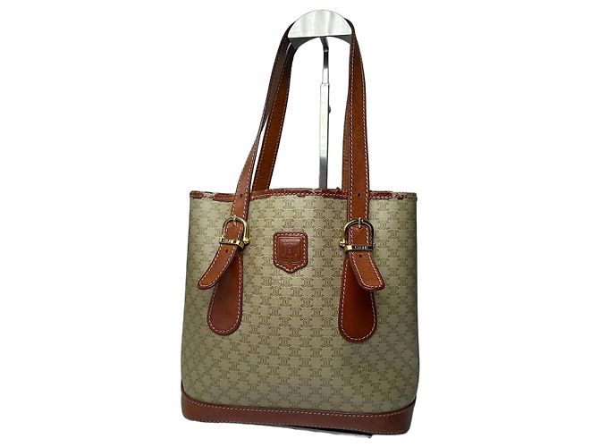 Céline Vintage Celine Paris Triomphe Monogramm Leder Eimer Tasche Braun Grün Beige