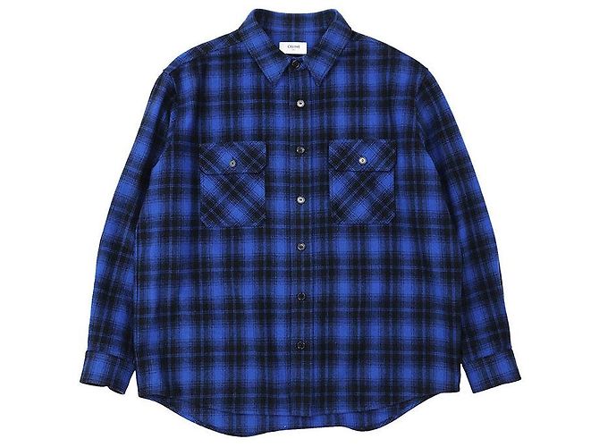 Céline Camicia in flanella di lana a maniche lunghe CELINE PARIS Nero Blu