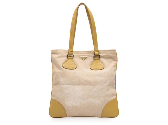 Prada Brown Vitello Trimmed Canvas Canapa Tote