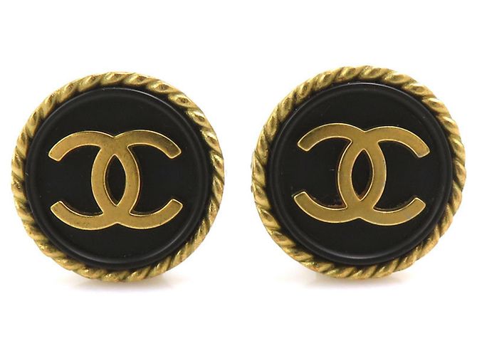 Orecchini a clip in metallo e plastica Chanel Coco Mark Nero D'oro
