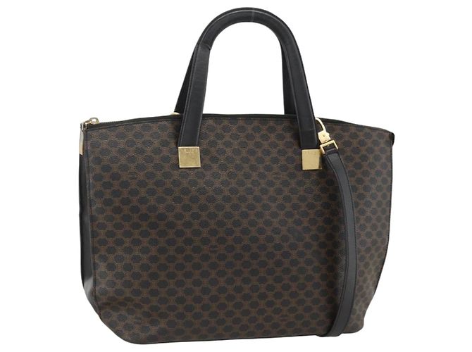 Céline Bolsa de mão em lona Macadam CELINE em couro PVC 2 em 1 preto e dourado Auth ARZ366