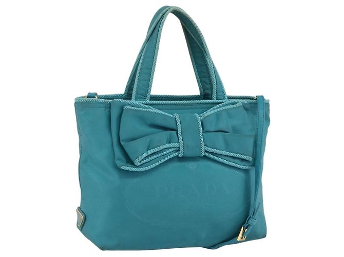 Ribbon PRADA Sac à main en nylon à ruban 2 en 1 bleu clair or Auth ka2797 Doré