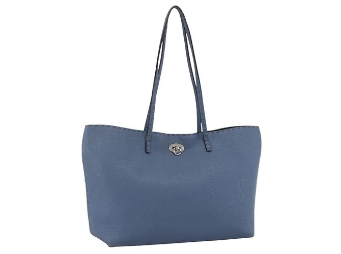 FENDI Celeria Tote Bag Leather Light Blue Silver Auth ka2780 Silvery