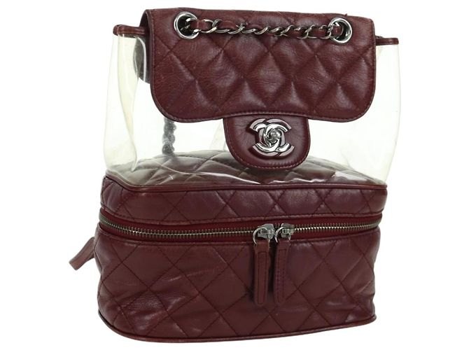 CHANEL Matelasse Chain Backpack Leather Bordeaux Silver CC Auth 172627A Silvery Dark red