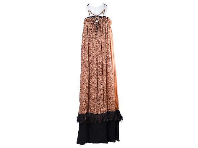 Vestido de seda estampada sem alças com detalhe em joia Lanvin