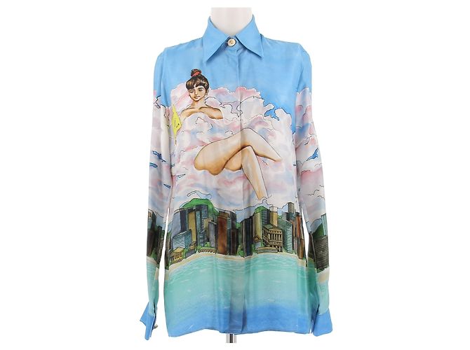 Casablanca Camisa azul com estampas de seda Multicor