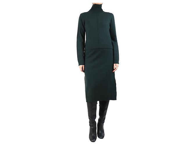 Céline Dunkelgrünes Wollmischung-Midi-Kleid - Größe S