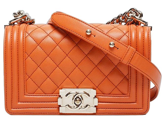 Le Boy Bolsa de Ombro Chanel Mini Caviar Boy Laranja