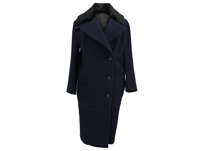 Acne Studios Era Single-Breasted Faux Fur Collared Coat in Navy Blue Wool