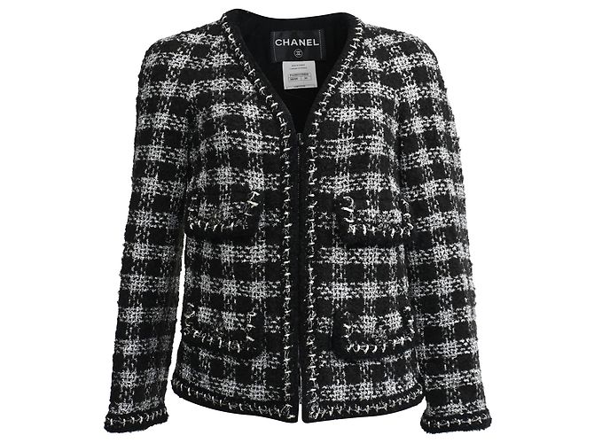 Veste zippée en tweed Chanel en laine noire et blanche
