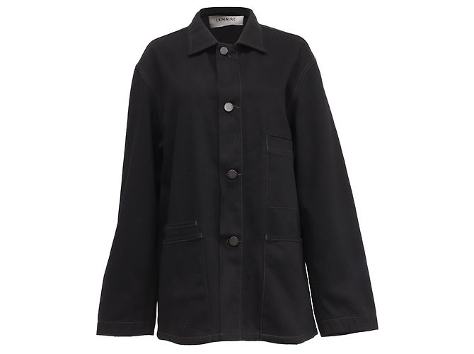 Lemaire Buttoned Workwear Jacket with Pockets in Black Cotton Denim