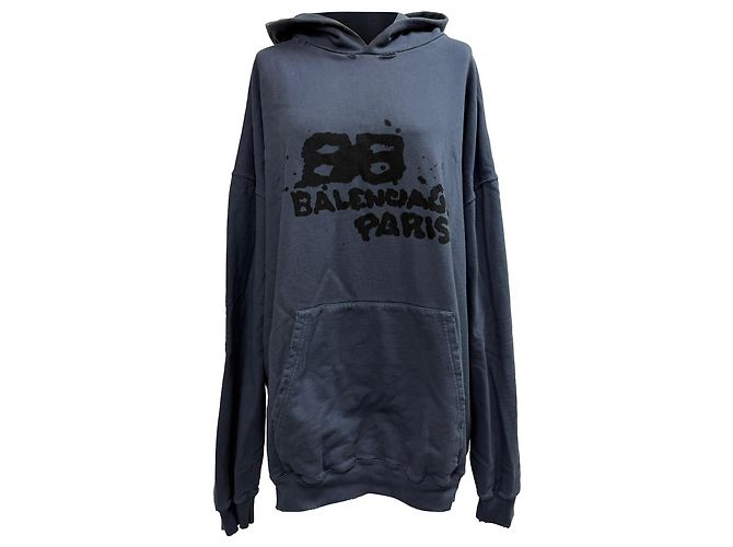 Oversized Kapuzenpullover aus navyblauer Baumwolle mit Balenciaga-Logo-Print Marineblau