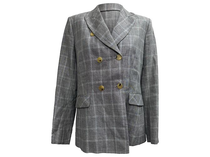 Blazer de doble botonadura con estampado de cuadros Sandro Iveline en lino gris