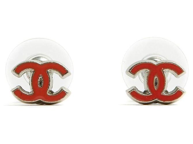 Chanel 2005 Orecchini Micro in Metallo Argento CC con Smalto Rosso