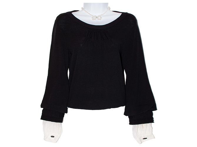 Vintage schwarze Chanel Wollbluse Aus weiß