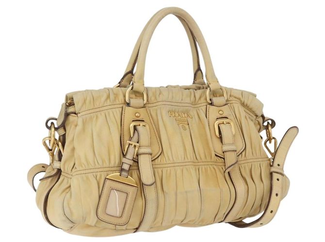 PRADA Bolsa de mão de couro 2 em 1 marfim ouro Auth 173213 Dourado Cru