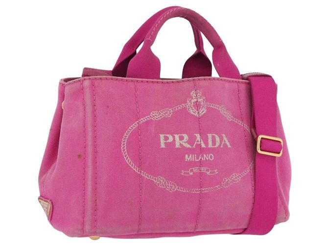 PRADA Bolsa Canapa PM em Lona 2way Rosa Dourado Auth LNZ478