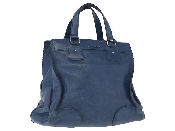 Céline Bolsa de mão CELINE em couro azul prateado Auth 173519 Prata