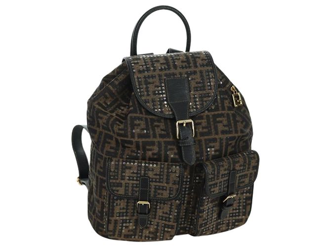 Mochila de lona Zucca FENDI marrom dourado preto Auth 168310SAV
