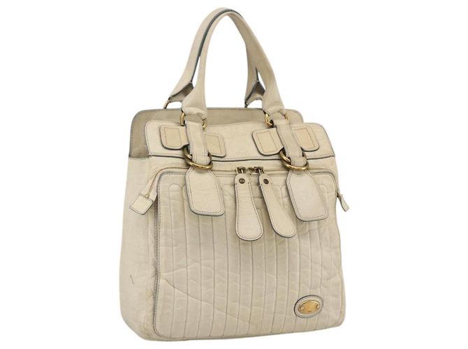 Chloé Bolsa Tote de Couro Marfim Ouro Auth 173609 Dourado Cru