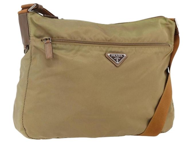 PRADA Shoulder Bag Nylon Beige Silver Auth mr2076 Silvery