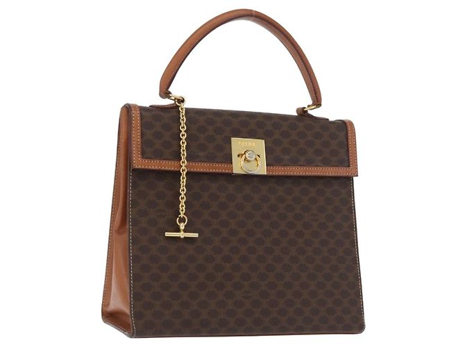 Céline Bolsa de mão em lona Macadam CELINE em couro PVC marrom dourado Auth 172507