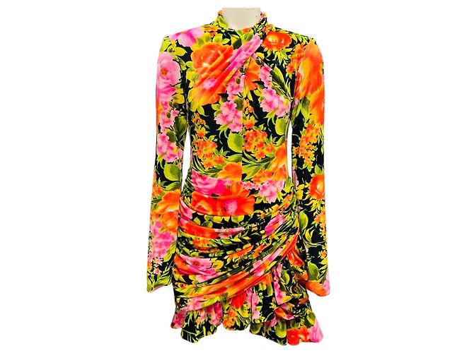 Autre Marque Richard Quinn Orange Multi Rüsch Blumen Samt Mini Kleid Mehrfarben