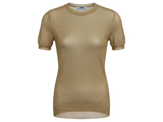 Prada Gold Metallic Kurzarm Gewebter Transparenter Strickpullover Golden 